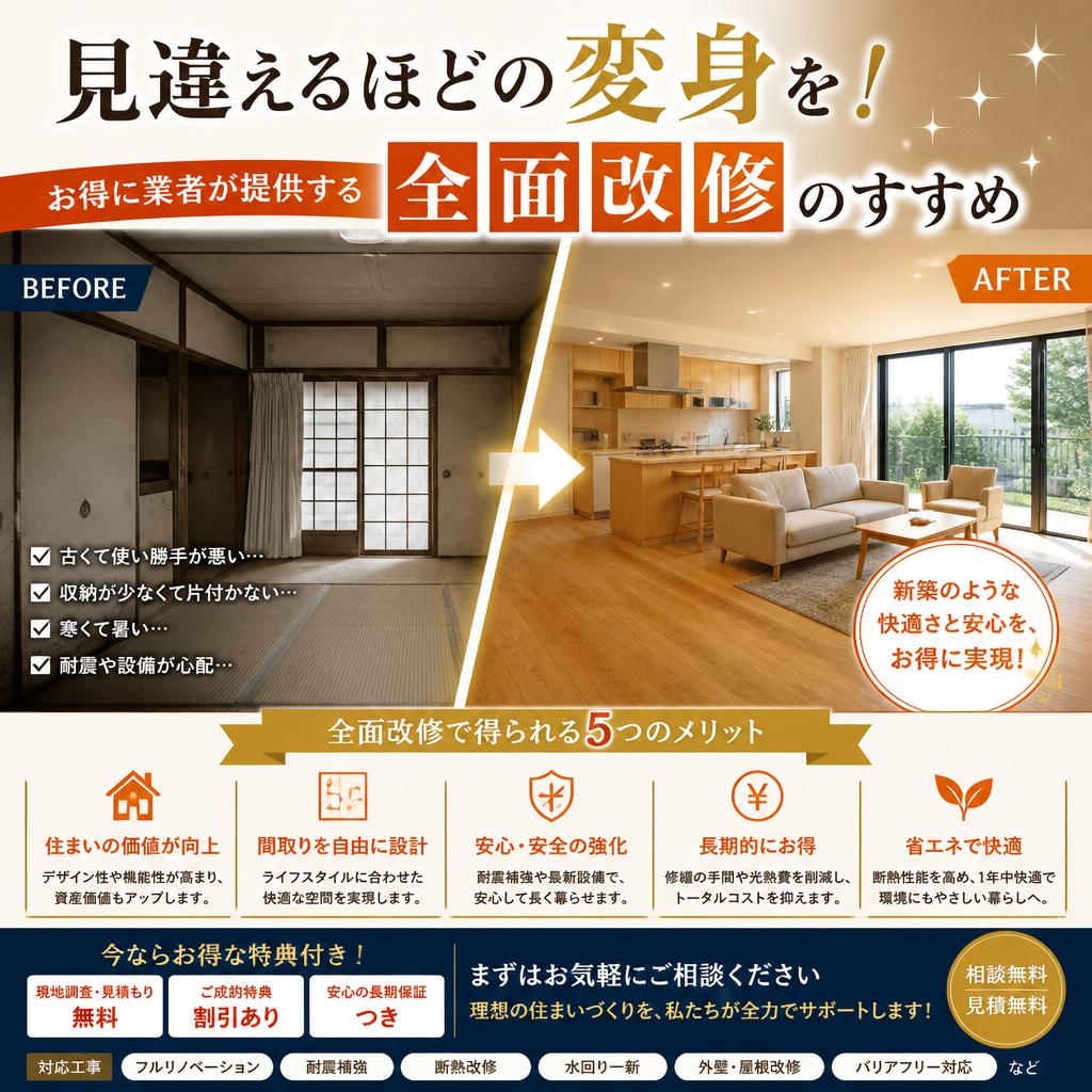 見違えるほどの変身を! お得に業者が提供する全面改修のすすめ